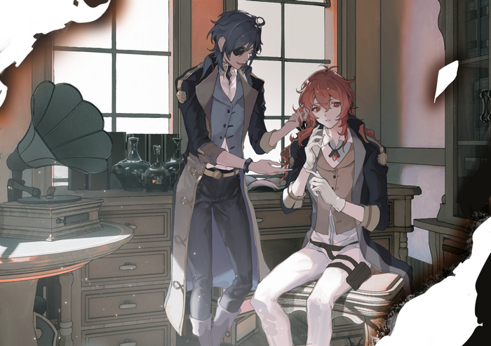 Kaeya and Diluc from Genshin Impact in a study