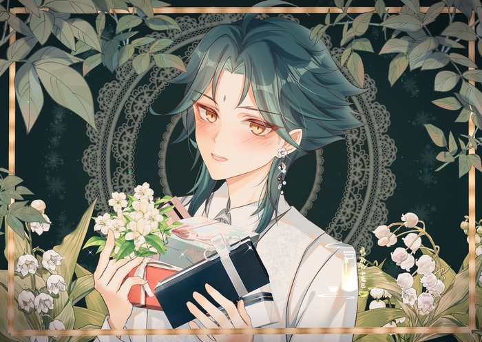 Xiao from Genshin Impact holding gifts and flowers