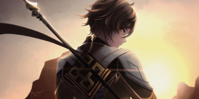 Zhongli with a spear against the sunset