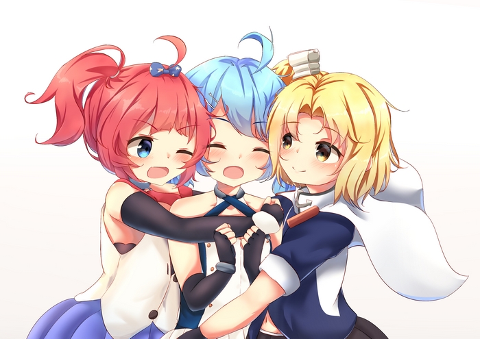 Azur Lane characters Lena, Cleveland, and Little Sandy hug