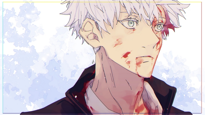 Satoru Gojo with white hair and blood