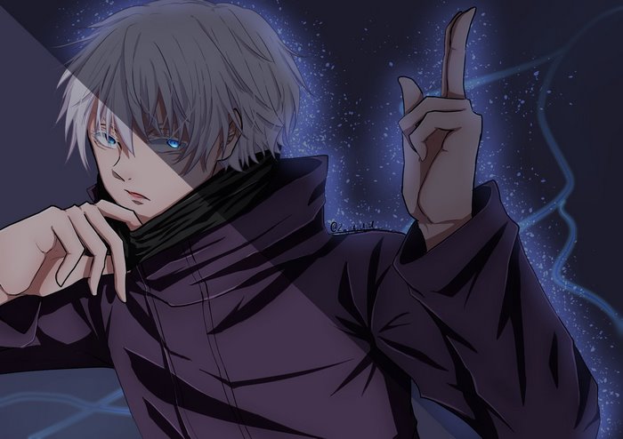 Satoru Gojo with blue eyes and white hair