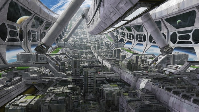 Futuristic Cityscape in Space with Planets