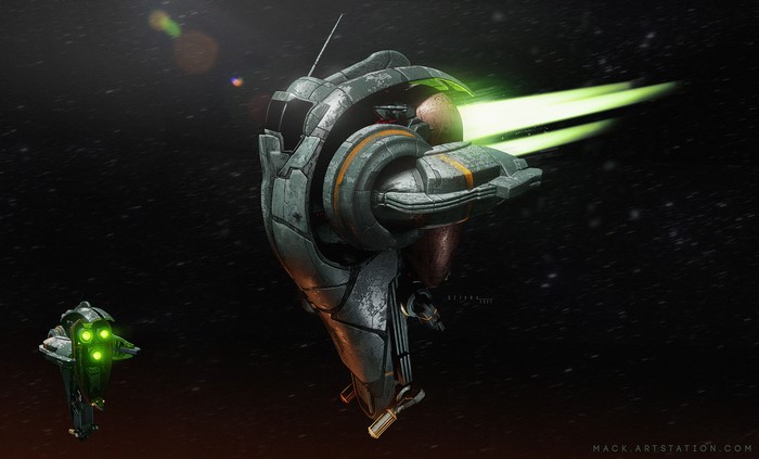 The Vagabond spaceship firing a green laser beam