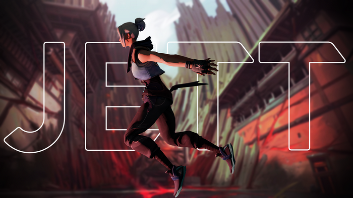Jett from Valorant in a stylized pose