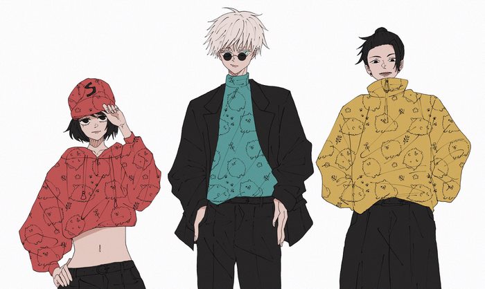 Anime characters in patterned outfits