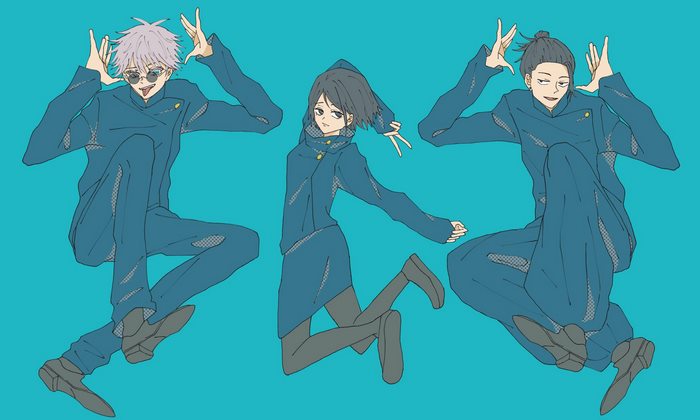 Satoru Gojo, Suguru Geto, and Shoko Ieiri in blue uniforms