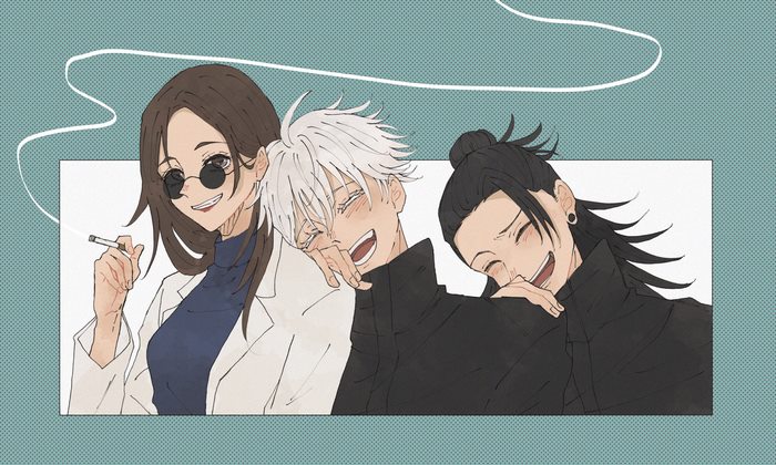 Satoru Gojo, Shoko Ieiri, and Suguru Geto laughing