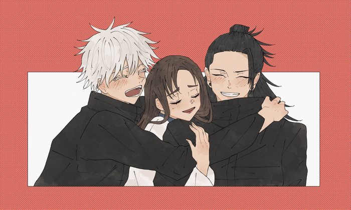 Satoru Gojo, Suguru Geto, and Shoko Ieiri hugging