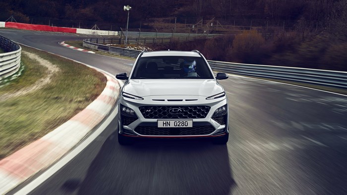 White Hyundai Kona N on a Race Track