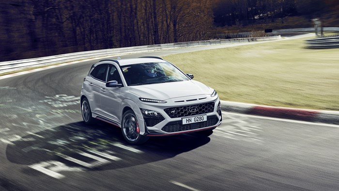 White Hyundai Kona N on a Race Track