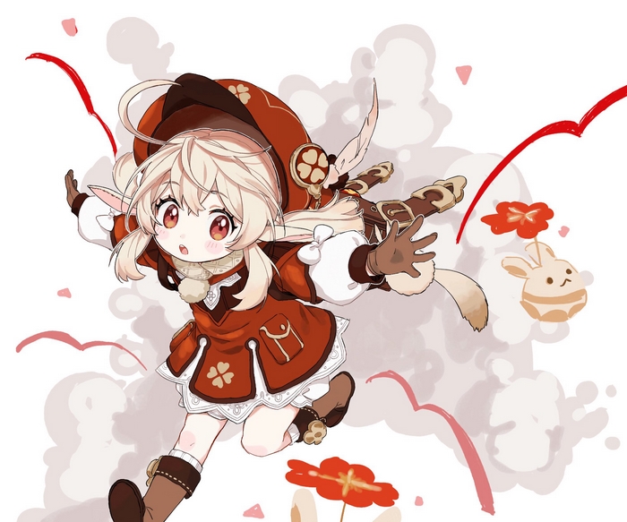 Klee from Genshin Impact jumping with flowers
