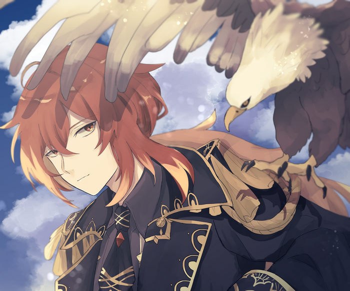 Diluc from Genshin Impact with an eagle