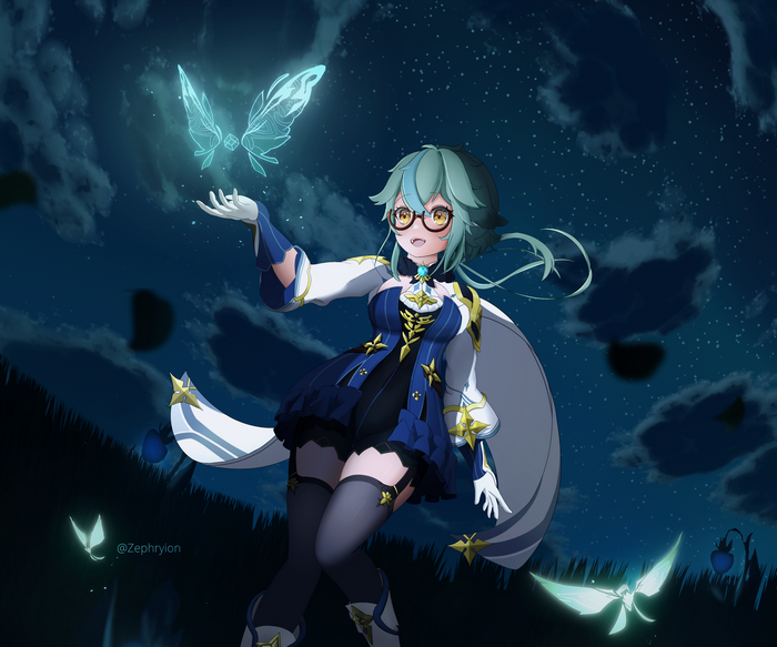Sucrose from Genshin Impact with glowing butterflies