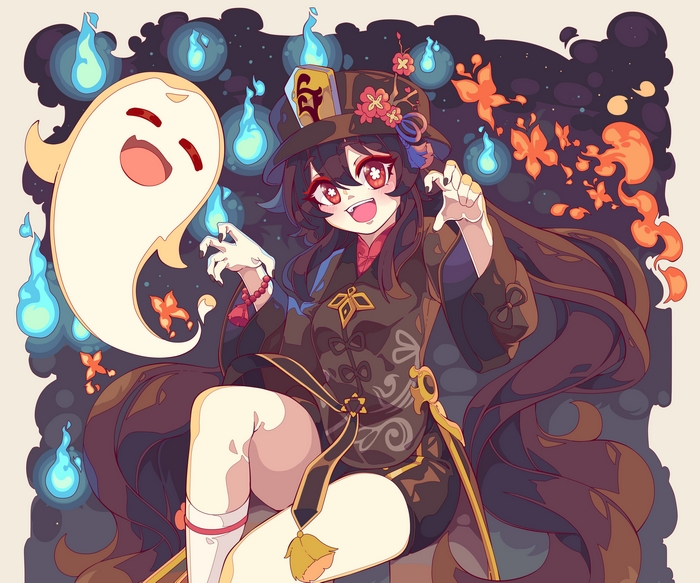 Hu Tao with a ghost and fireflies