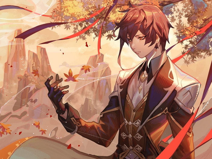 Zhongli from Genshin Impact with falling leaves
