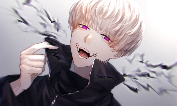 Toge Inumaki with white hair and purple eyes