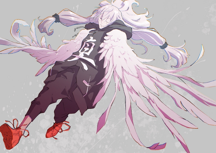 Mahito with white hair and large wings