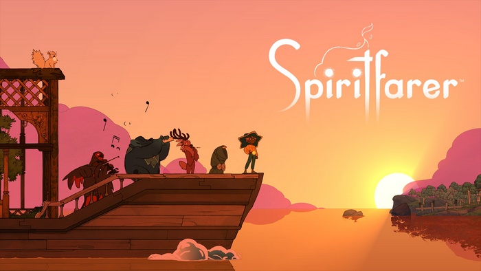 Spiritfarer characters on a boat at sunset