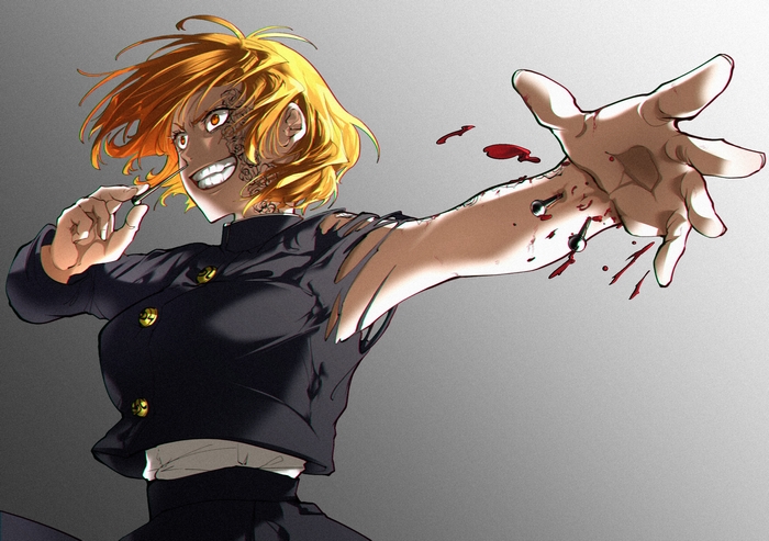 Nobara Kugisaki with orange hair and tattoos