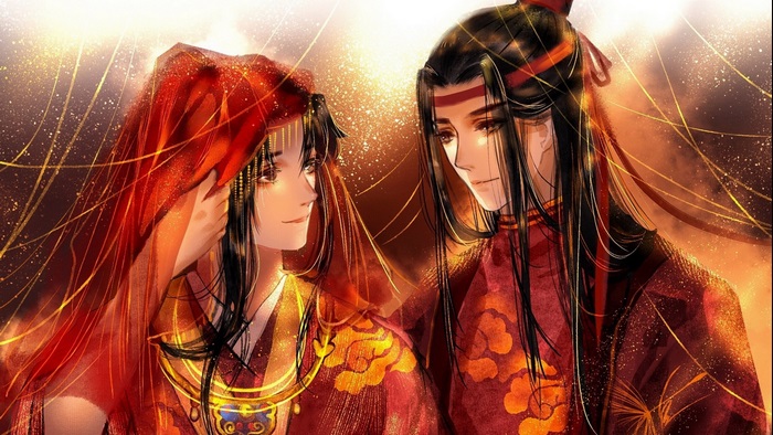 Lan Zhan and Wei Wuxian in traditional attire