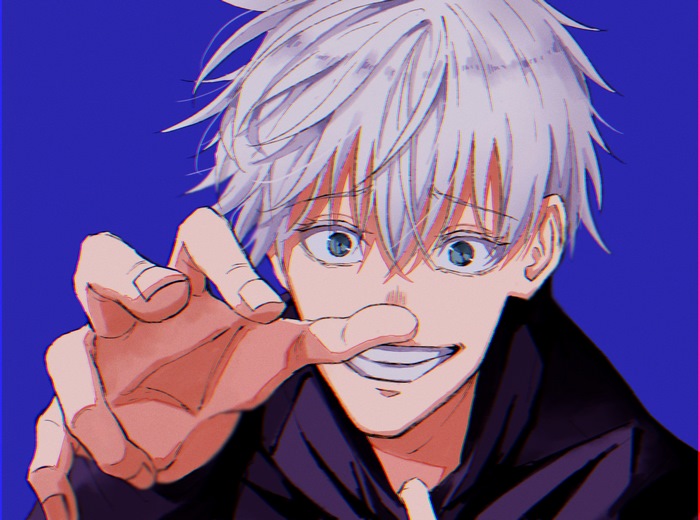 Satoru Gojo with white hair and blue eyes