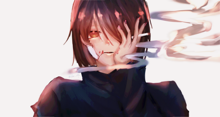 Shoko Ieiri smoking with smoke obscuring her face