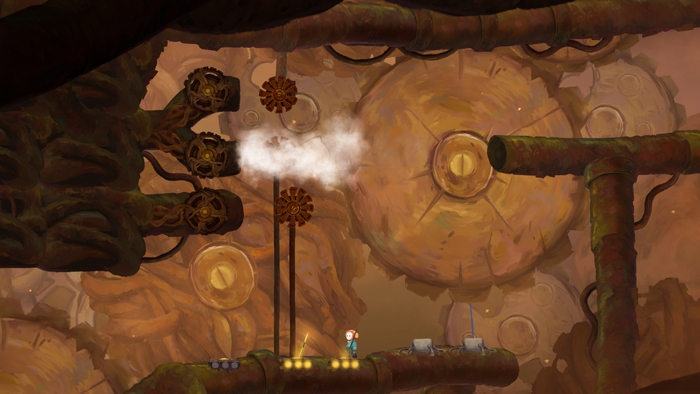 Out of Line video game scene with gears and steam