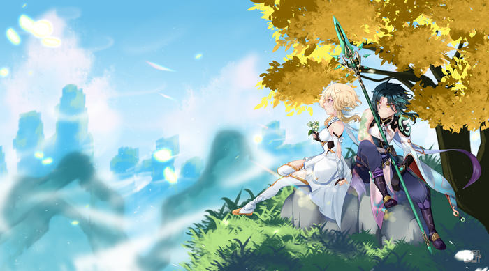 Lumine and Xiao from Genshin Impact sit under a tree