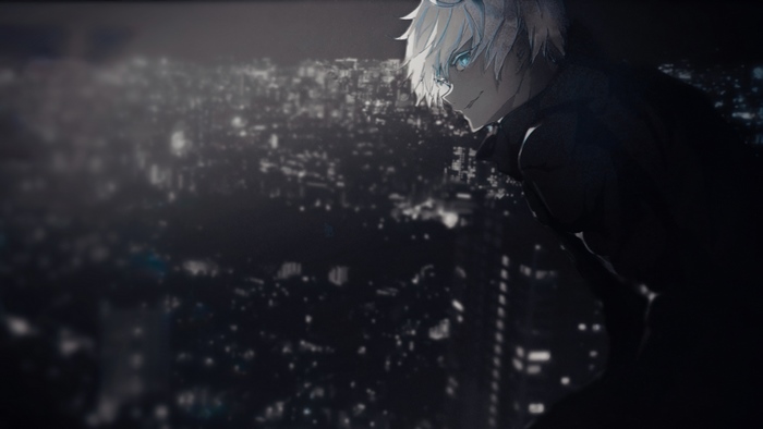 Satoru Gojo 4K anime character with white hair and blue eyes