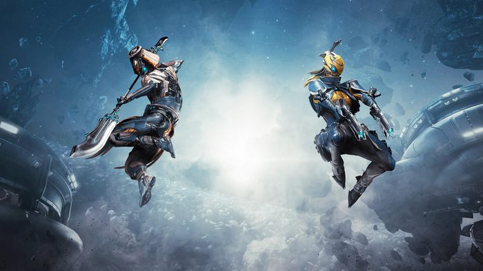 Warframe characters in space with debris