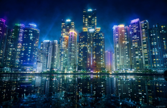 Cyberpunkish Busan Cityscape at Night with Reflections