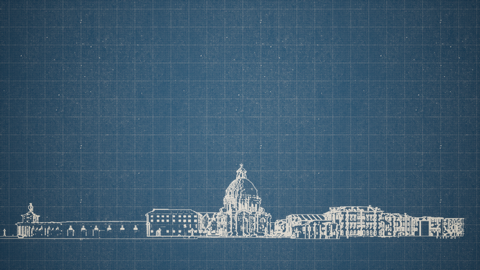 Blueprint sketch of buildings and a dome