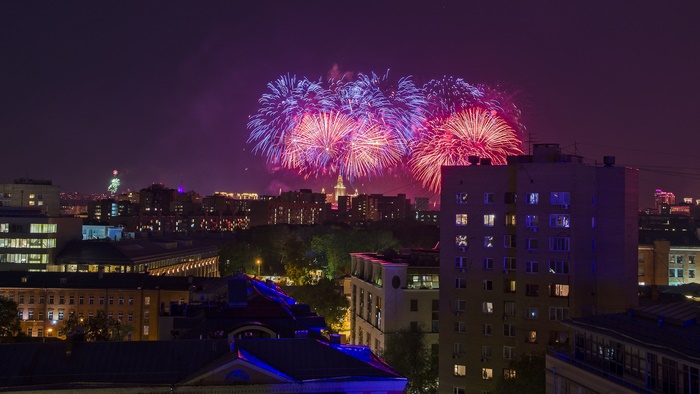 Fireworks over Moscow at night