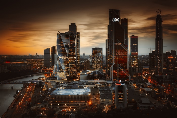 Moscow City skyscrapers at sunset