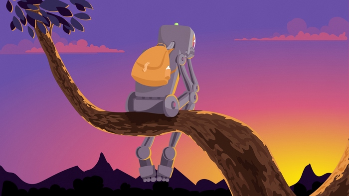 Robot with backpack sitting on a tree branch at sunset