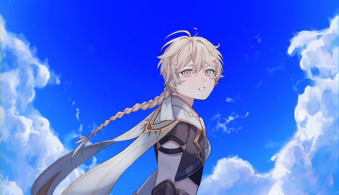 Aether from Genshin Impact against a blue sky