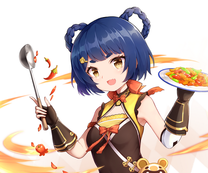 Xiangling (Genshin Impact) with food and ladle