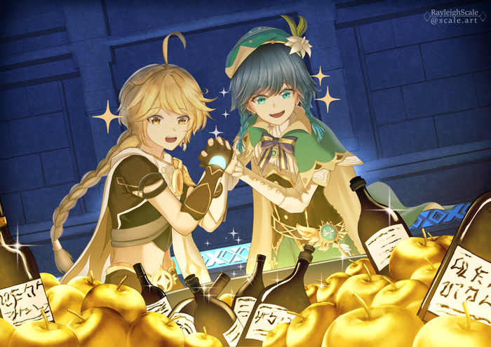 Aether and Venti with apples and wine bottles