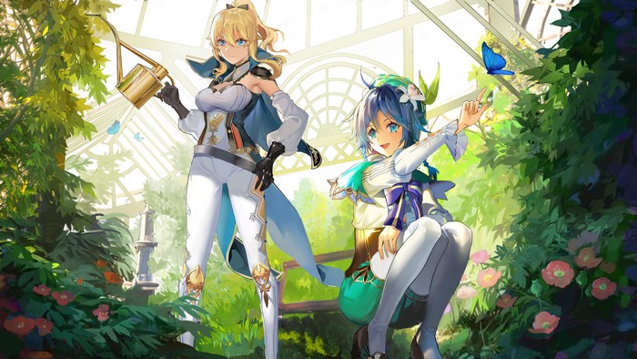Jean and Venti from Genshin Impact in a greenhouse