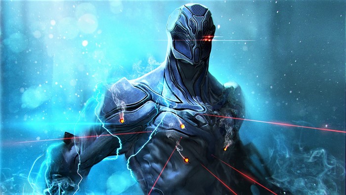 Blue armored figure with red eyes and energy