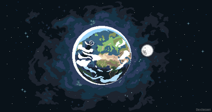 Pixel Art Earth and Moon in Space