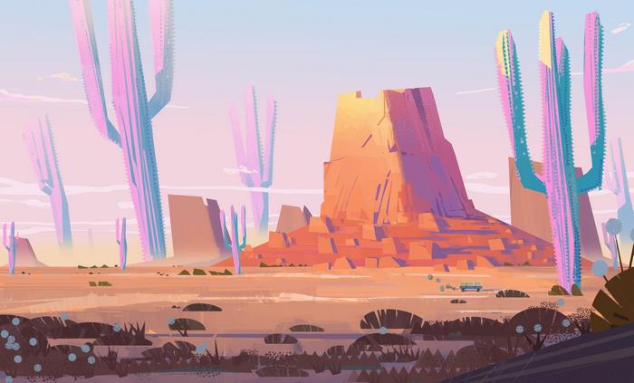 Stylized desert landscape with colorful cactuses and rock formations