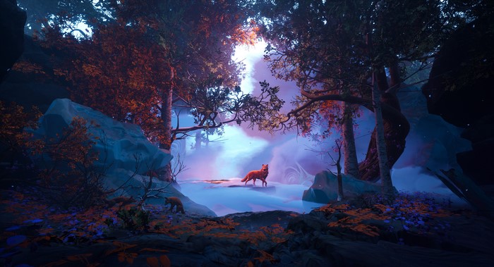 A wolf stands in a misty forest clearing