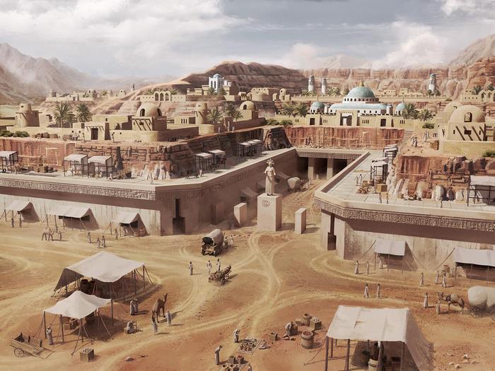 Ancient desert city with tents and camels