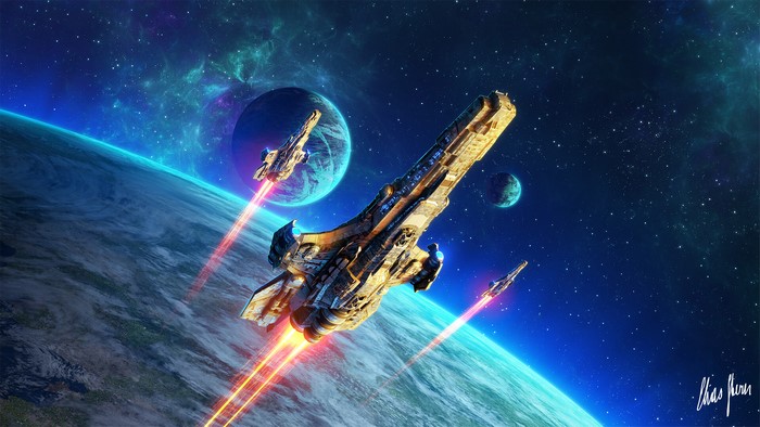 Sci-fi spaceships flying over a planet