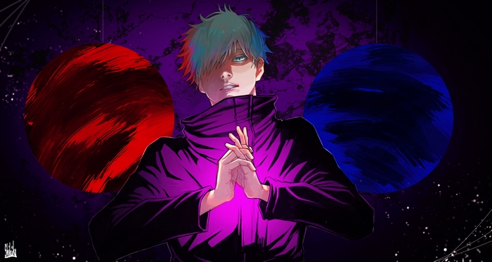 Satoru Gojo with Red and Blue Planets
