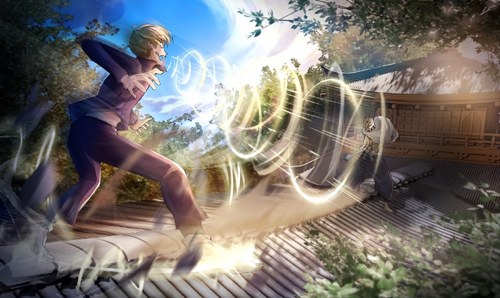 Hanami and Toge Inumaki fight on a temple roof