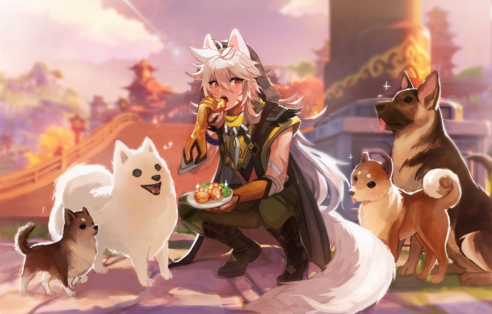 Razor from Genshin Impact with dogs