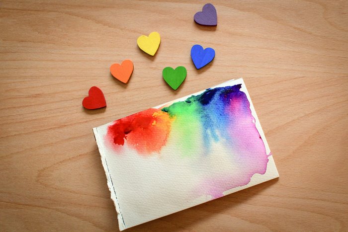 Rainbow watercolor painting and hearts 4K